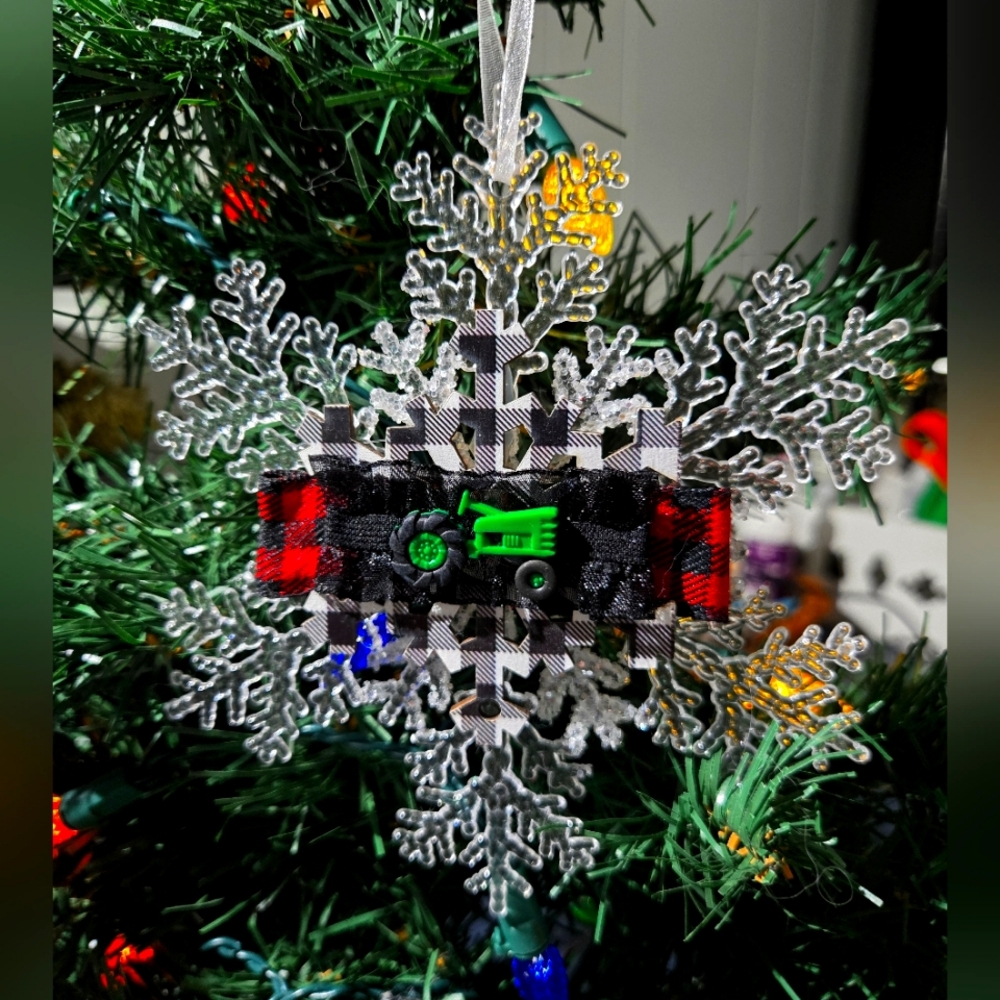 OOAK Country Tractor Ornament Snowflake John Deere Rustic Plaid Christmas NWT